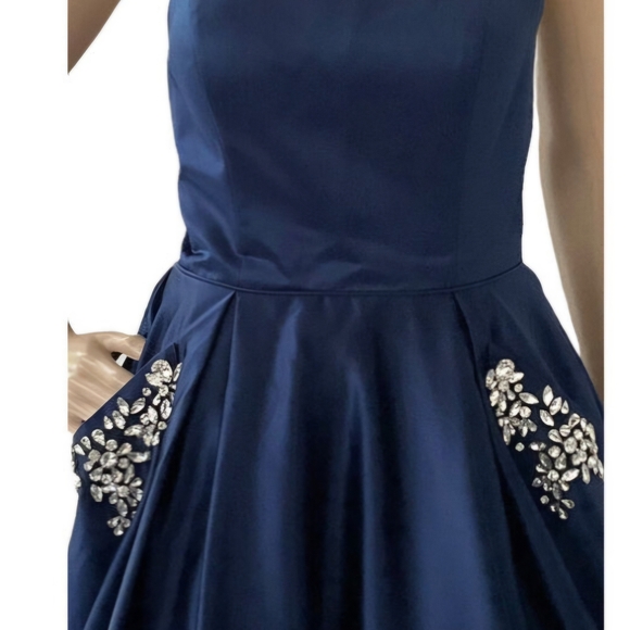 Sherri Hill Silver Blue Ruched Strapless Prom Gown - Picture 3 of 8